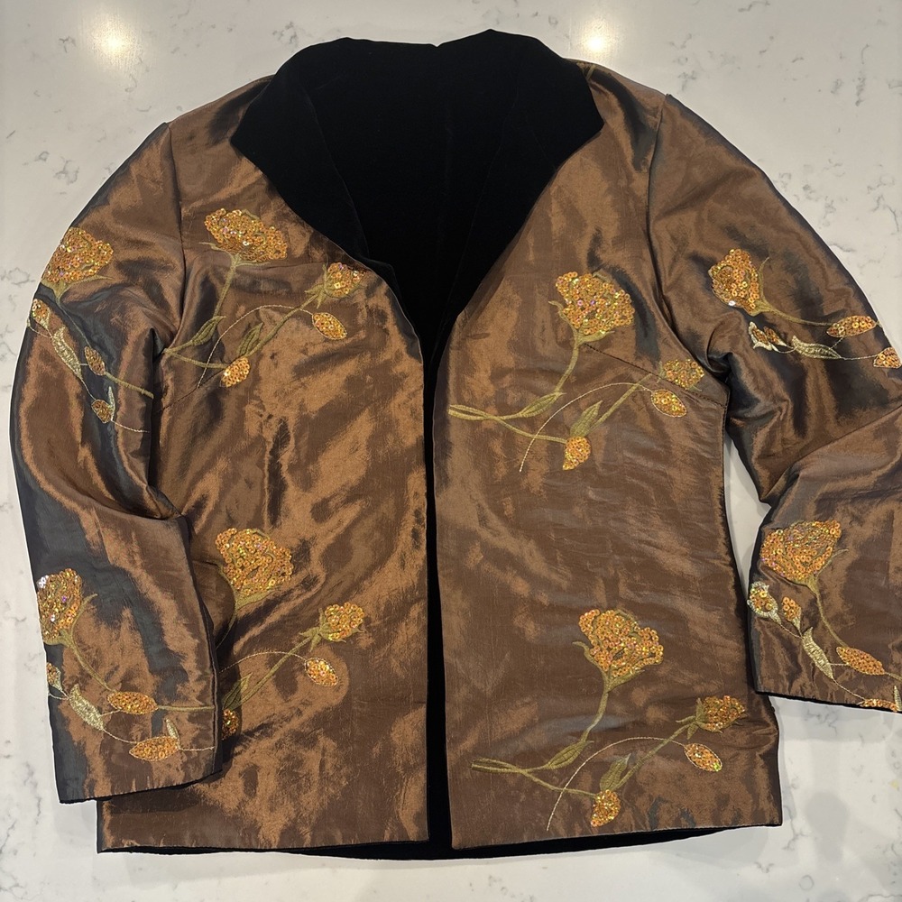 Grace Chuang Reversible Jacket Black Velvet Silk Brown Sequin Embroidery Med NWT